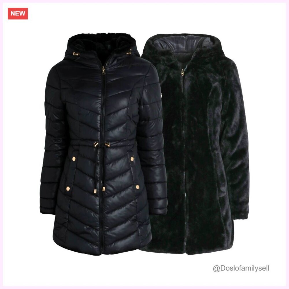 Reversible Hooded Puffer Jacket with Faux Fur Lining, Insulated Winter Coat